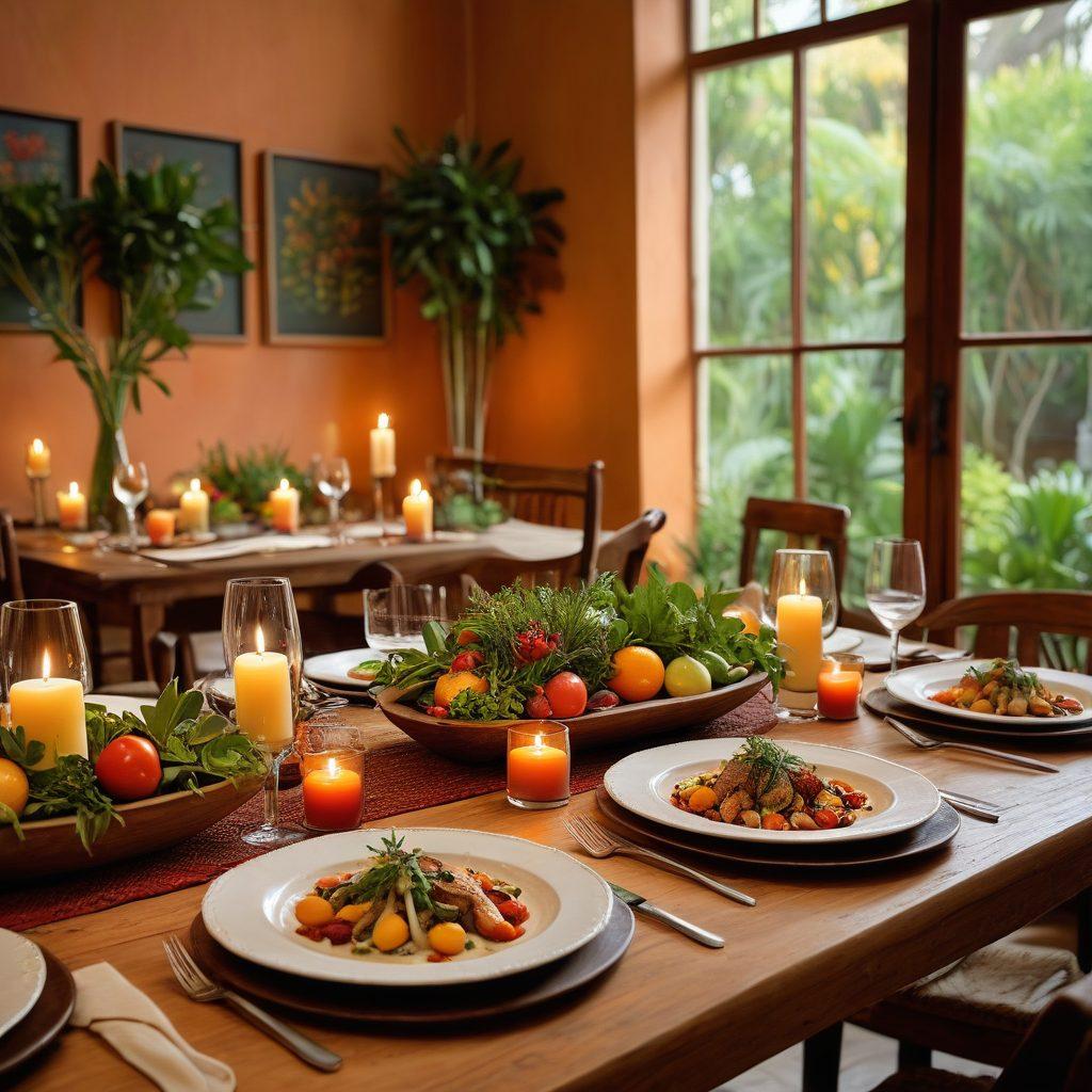 A beautifully set dinner table at La Hacienda, featuring exquisite gourmet dishes artfully plated with fresh ingredients. Soft candlelight casts a warm glow over a rustic yet elegant decor, with vibrant colors of the dishes contrasting against a rich wooden table. Lush greenery peeks through the background, adding a touch of nature to the upscale atmosphere. The scene evokes a sense of sophistication and indulgence, inviting viewers to embark on a culinary journey. super-realistic. warm colors. soft focus.