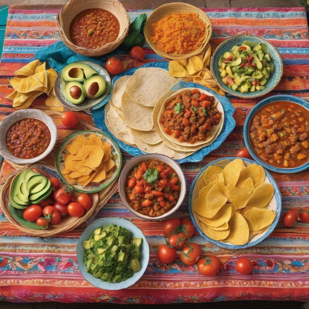 A vibrant market scene showcasing an array of colorful Mexican dishes like tacos, enchiladas, and tamales beautifully presented on traditional embroidered tablecloths. Include details like fresh ingredients, vivid spices, and a cheerful chef in traditional attire preparing food. The backdrop should depict a lively atmosphere with decorative papel picado and warm sunlight. super-realistic. vibrant colors. 3D.